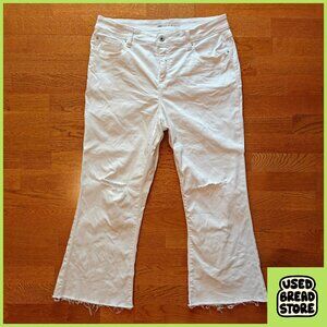 Flared Snow White Cropped Jeans Raw Hem Ripped Knees Sz 14 Cotton Boho Retro